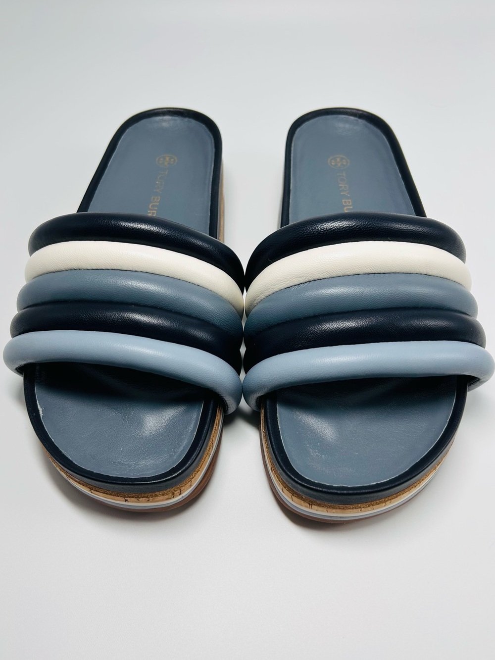 Tory Burch quilted platform slide sandals, colorblock navy, white, & blue. 8.5